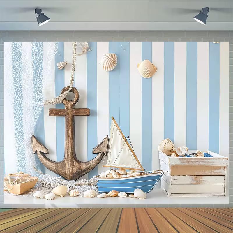 2D Nautical Anchor Backdrop with Sailboat, Shells and Fishing Net Photography Background
