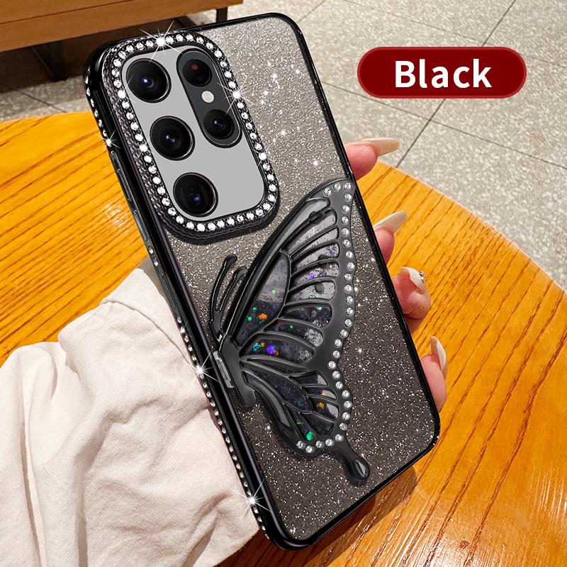 Diamond Glitter Liquid Quicksand Butterfly Phone Holder Case for Samsung Galaxy S25 S24 S23 S22 S21 S20 Ultra FE Plus Cover