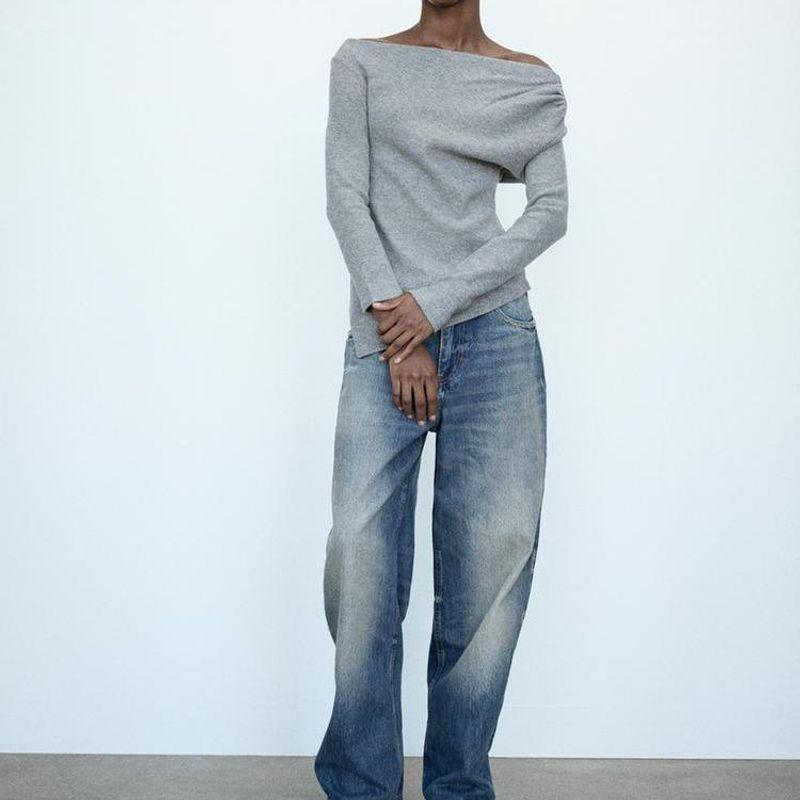 Spring New Women's Clothing Fashion Style off-Neck Multi-Color Selection Asymmetric Soft Long Sleeves Sweatshirt 4813842