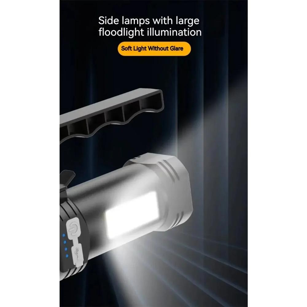 2 IN 1 Ultra Bright Portable LED Flashlight High-power Rechargeable Spotlight with COB Side Lights Supporting Telescopic Zoom