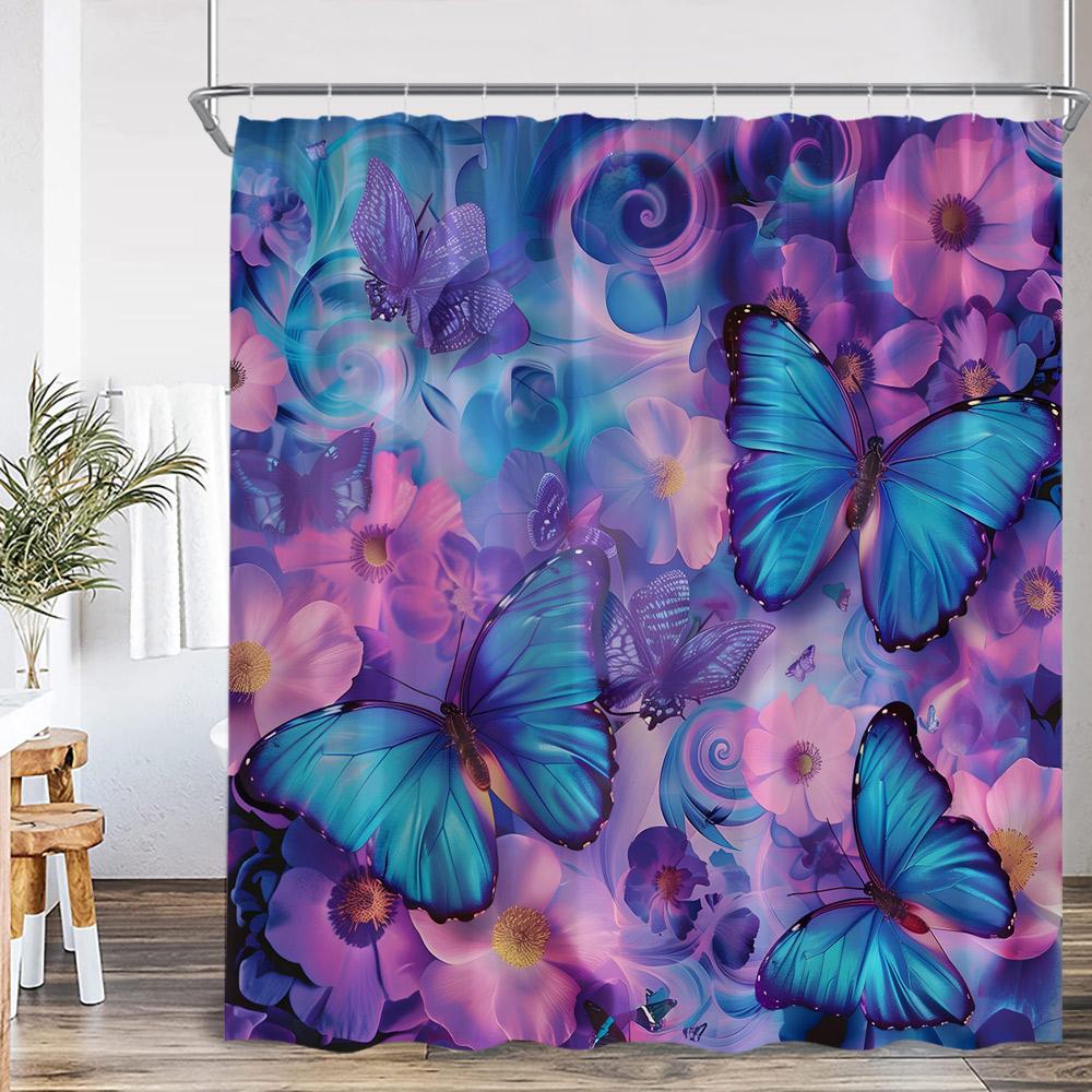 Butterfly Floral Shower Curtain Flower Plant Pink Purple Teal Butterflies Bathroom Decor Elegant Modern Polyester Bath Curtain