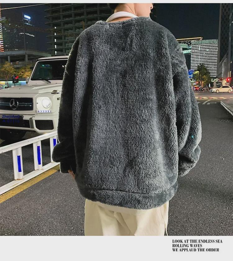 Y25Pexrozna Trendig Lammskinnströja: Herr Plus Sammet Varm Rundhals Lös Kappa för Höst & Vinter