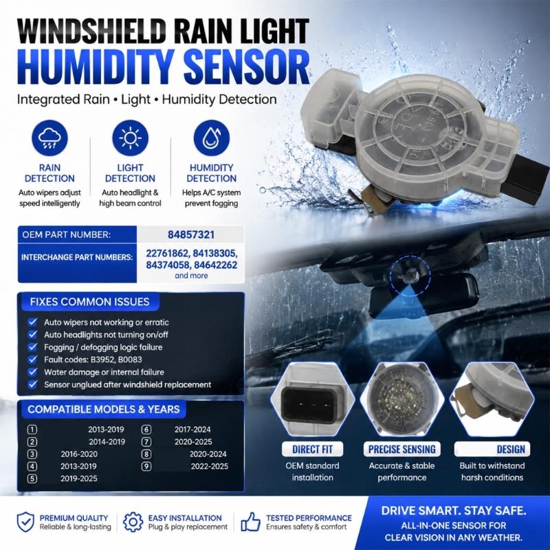 84857321 84374058 Windshield Sensor with Rain, Exterior Light, and Cabin Humidity Inputs for Specified Vehicle and Model-Year Applications