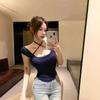 New Pure Desire Sexy Cross-lace One-shoulder Short-sleeved T-shirt for Women Summer Slimming Top