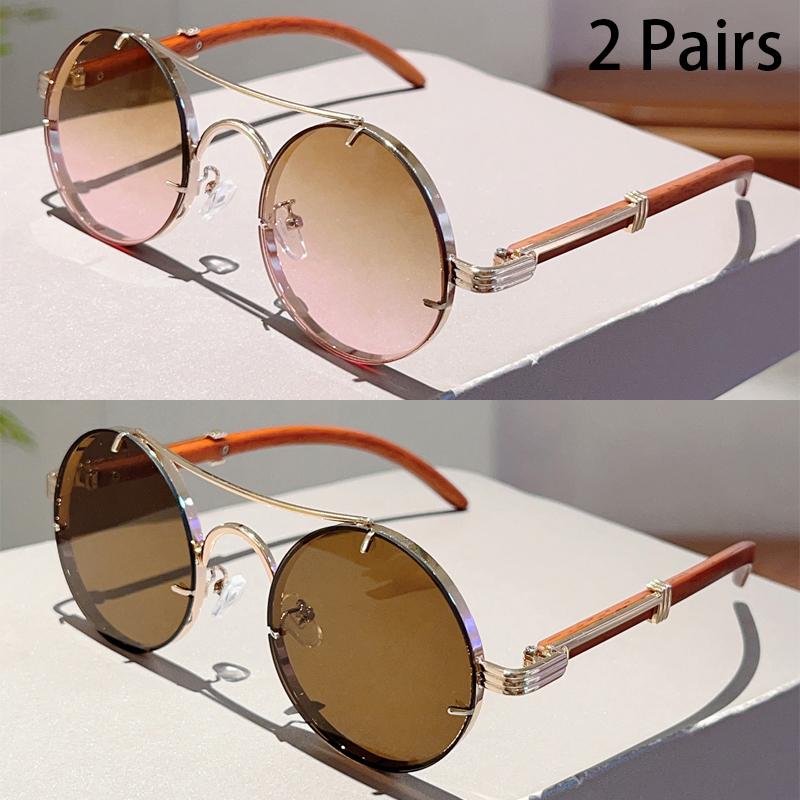 2 Pairs Vintage Round Sunglasses Men New Fashion Gradient Multicolor Casual Shades Women Luxury Design Double Bridge Sun Glasses