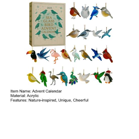 Sea Glass Bird Advent Calendar 2025 24 Day Countdown Christmas Tree Decoration Handcrafted Bird Ornaments Meaningful Holiday Gift