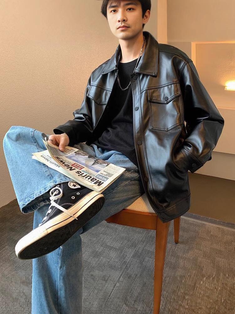 Męska kurtka motocyklowa w stylu koreańskim: Modna Skóra PU, Styl Hongkoński, Luźny Krój, Wszechstronna na Wiosnę/Jesień.