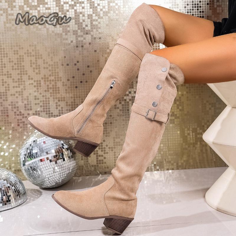 2025 Autumn New Suede Over-the-Knee Boots Women's Side Zipper Middle Heel Long Boots Apricot Size 36-42 Botas Mujer