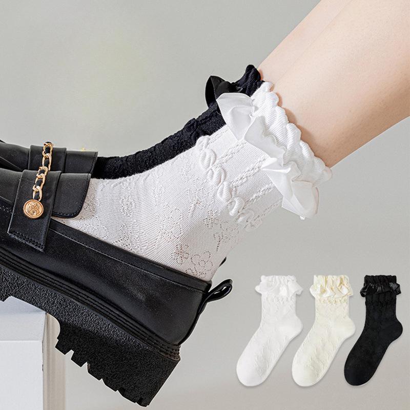 

White Lace Mid-calf Women s Summer Pure Cotton Lolita Princess Socks Paired with Small Leather Shoes and Pile Socks for Summer 1 pair