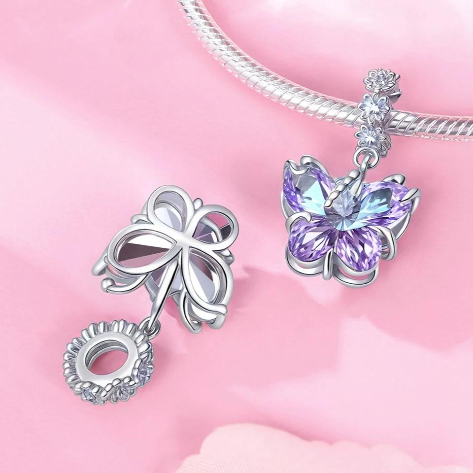 Copper Classic Purple Heart Shape Dragon Pegasus Butterfly Charms Beads Fit 3Mm Original Bracelet Diy Jewelry Gift