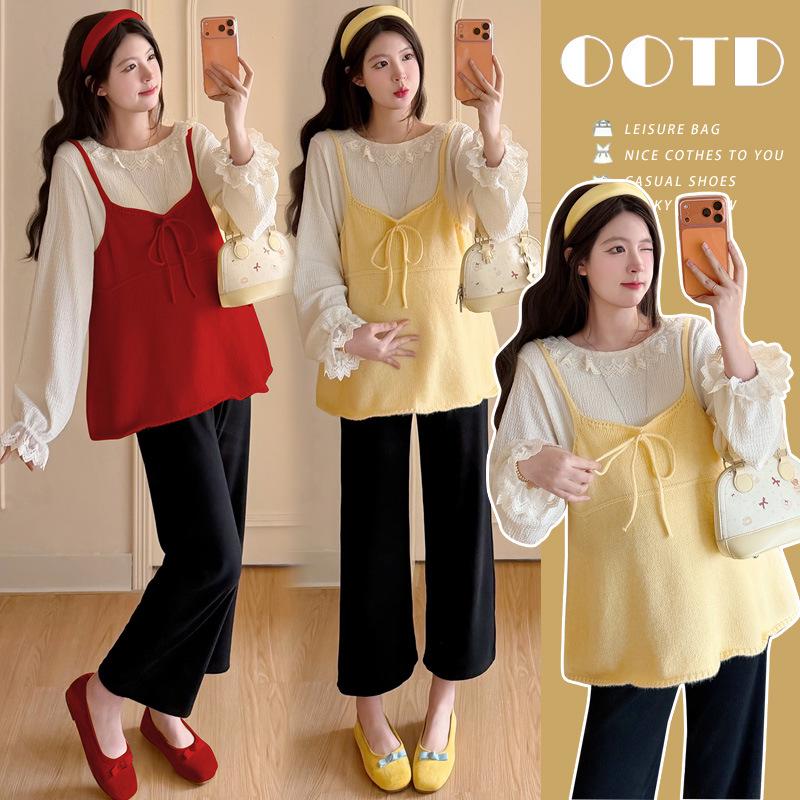 2026 Spring Korean Lace Long Sleeve + Skin-Whitening Knit Camisole Maternity Set M