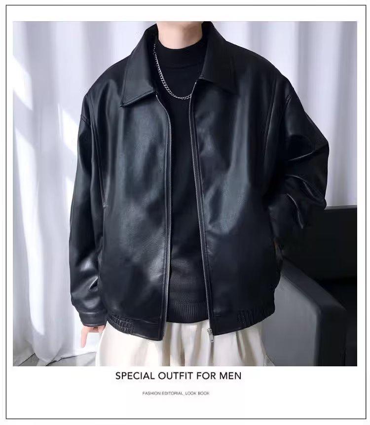 Men's Trendy PU Leather Motorcycle Jacket - Autumn/Winter Casual Korean Style with Lapel and Long Sleeves