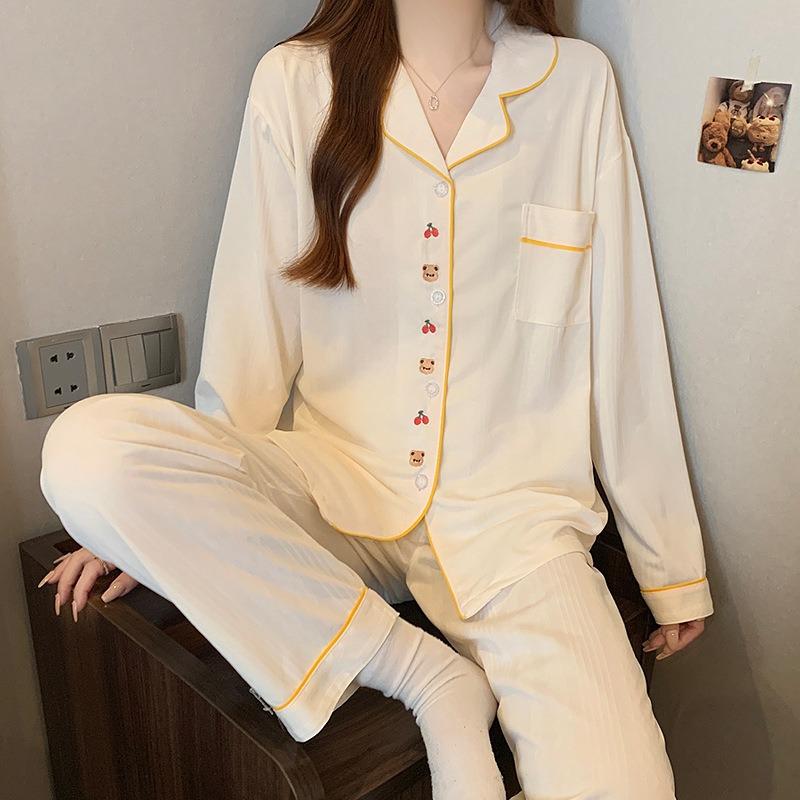 Cute Embroidered Cherry Bear Imitation Cotton Pajamas Women's Spring and Autumn Long-sleeved Trousers Milk Huhu Loungewear