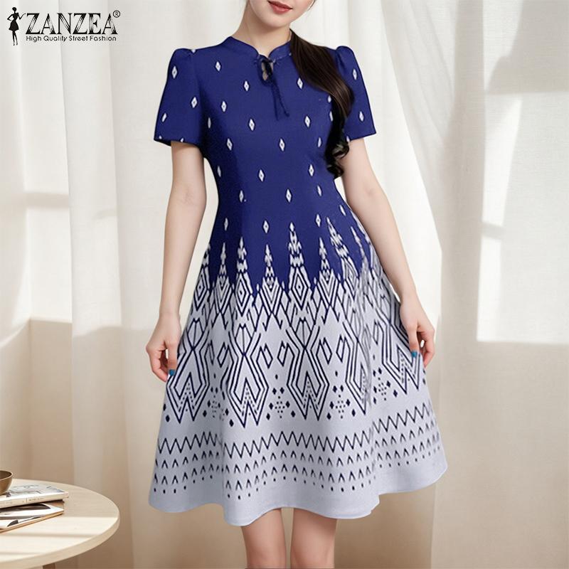 ZANZEA Womens Stand Collar Summer Casual Short Sleeve Print Dress