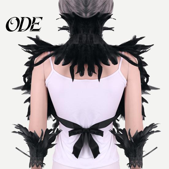 Feather Shawl Bracelet Set 1 Fake Collar with Wrist Ring Gothic Style Imitation Angel Wings Hollow Out Lace Unisex Model Stage Show Performance