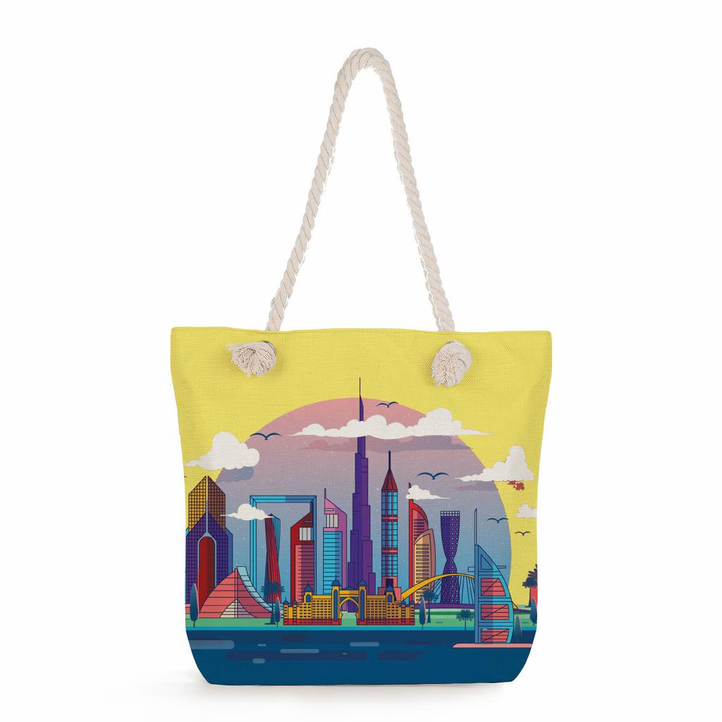 Multifunctional Dubai Architecture Printed Thick Rope Shoulder Beach Bag Casual large capacity handbag 7613