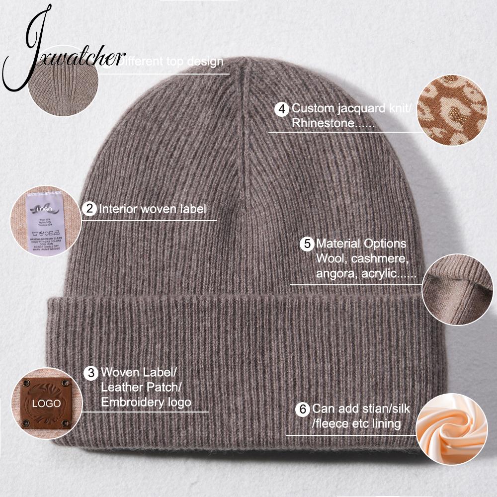 Jxwatcher Merino Wool Skull Luxury Wool Knitted Beanie Winter Bennie Caps Women Soft 100% Pure Wool Beanie Hats with Custom logo