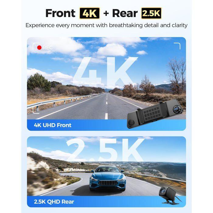 Dashcam 4K Voor/Achter + 2.5K Achter, Wi-Fi 5G, SD 64 GB, nachtzicht, GPS, spraakbesturing