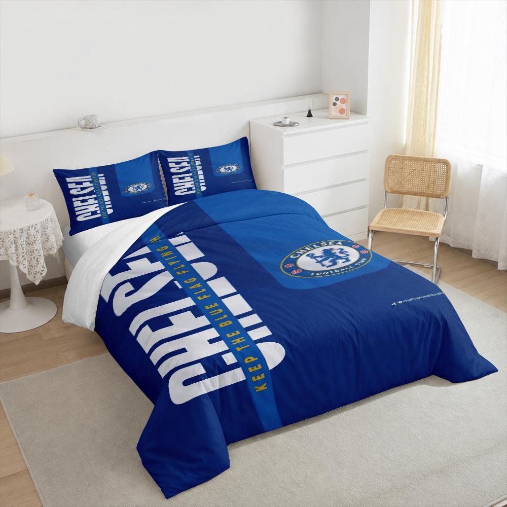 3 Piece Bedding Set with Duvet Cover and 2 Pillowcases - Chelsea Vertical Blue Flag Flying High Print - Minimal Crest Decor