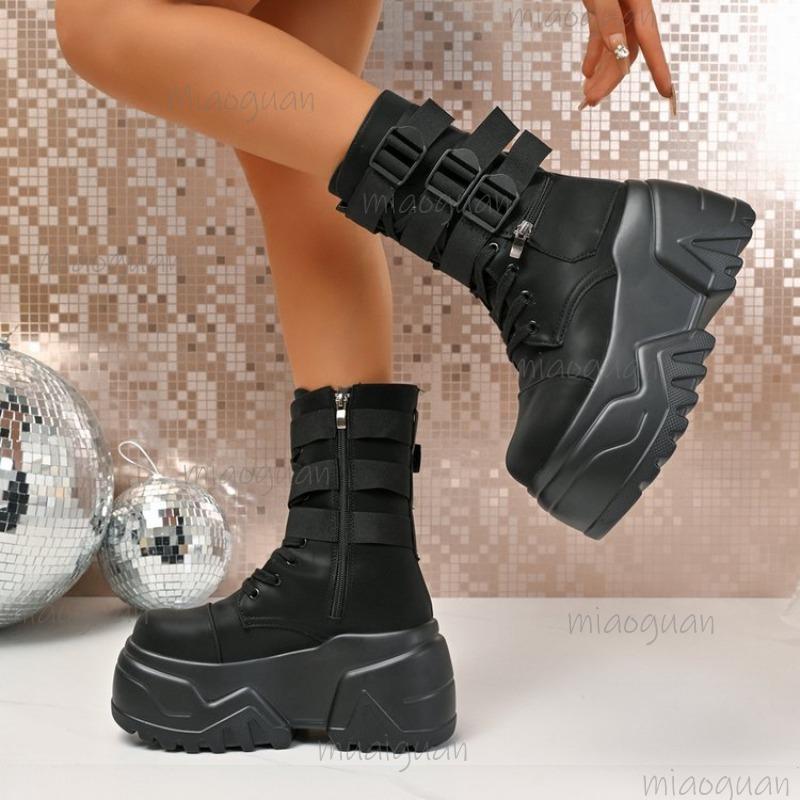 Punk Style Thick Bottom Women's Black Short Boots Side Zip Buckle Straps Platform Shoes for Women Zapatos De Mujer Size 35-42