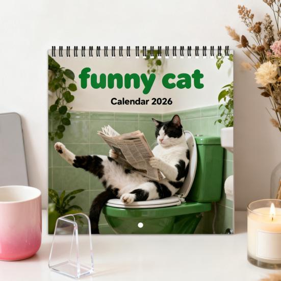 2026 Lustiger Katzenkalender 12-Monats-Wandkalender Urkomische Katzen auf der Toilette Zeitung lesend Geschenk für Katzenliebhaber zur Dekoration von Zuhause und Büro