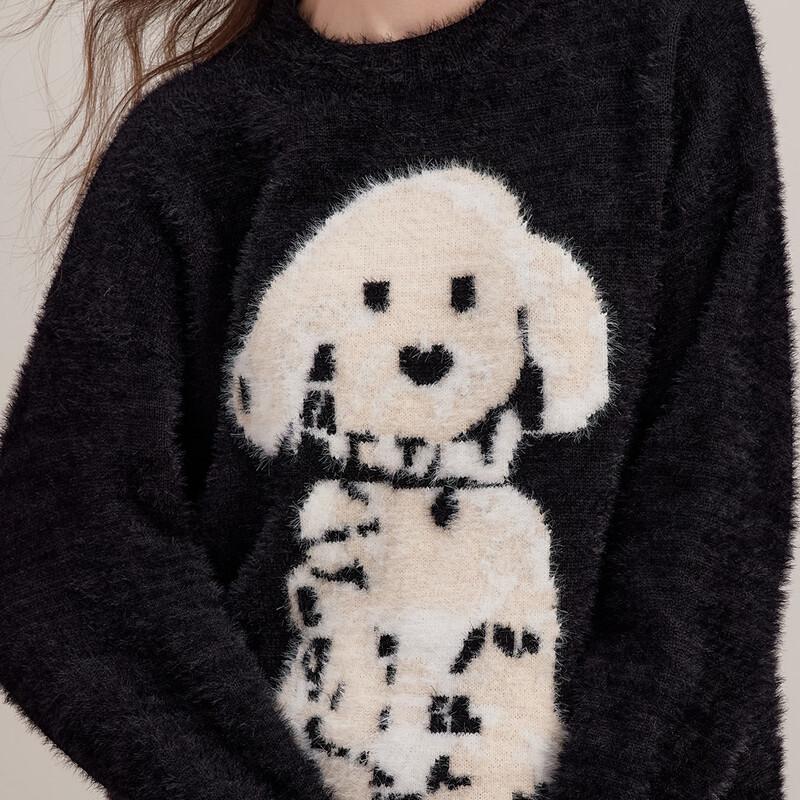 UNIFREE Contrast Dog Pattern Loose Pullover Sweater