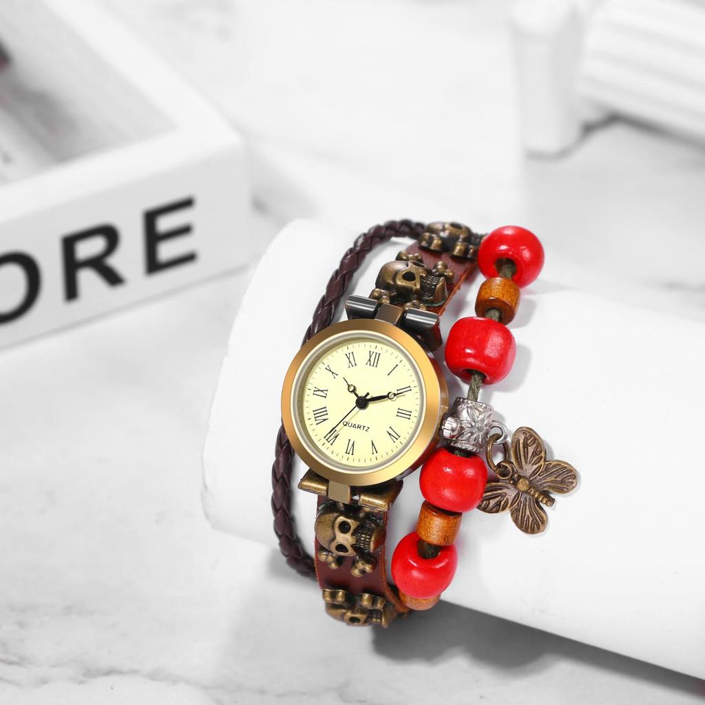 Schmetterlingsuhr für Damen, mehrfach aufziehbar, Ledergürtel, analog, Gebetsperlen-Armband, lässiges Damen-Accessoire, Geburtstagsgeschenk für Weihnachten