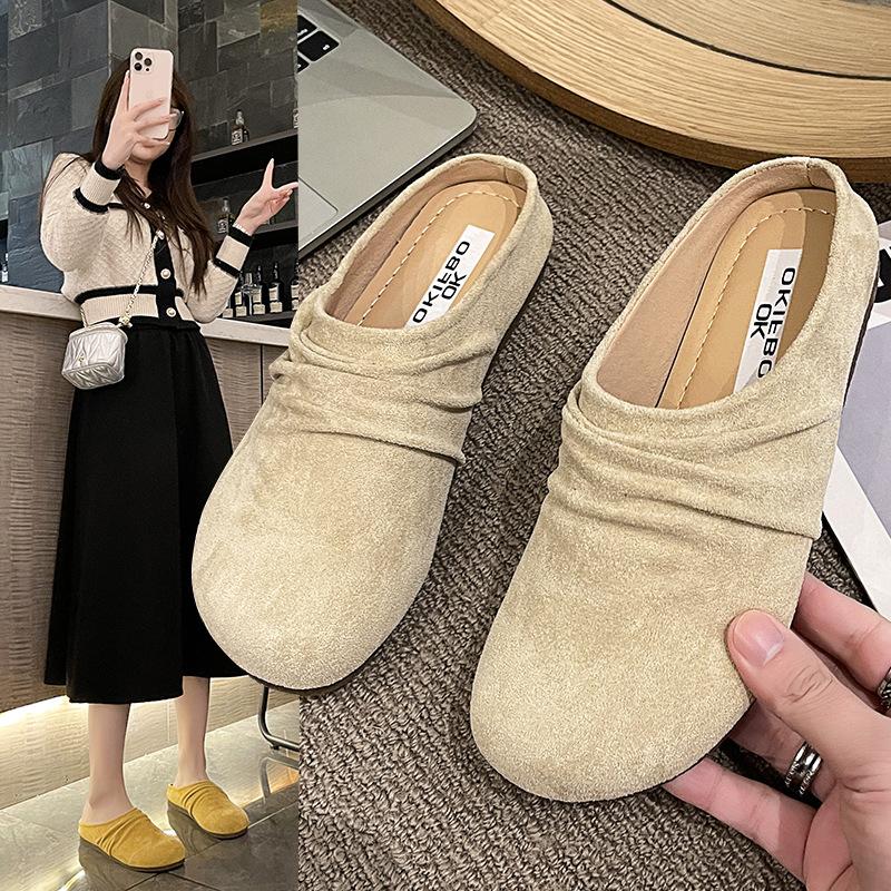 Thick-soled women's spring new outer wear retro round head versatile bag head half slippers
