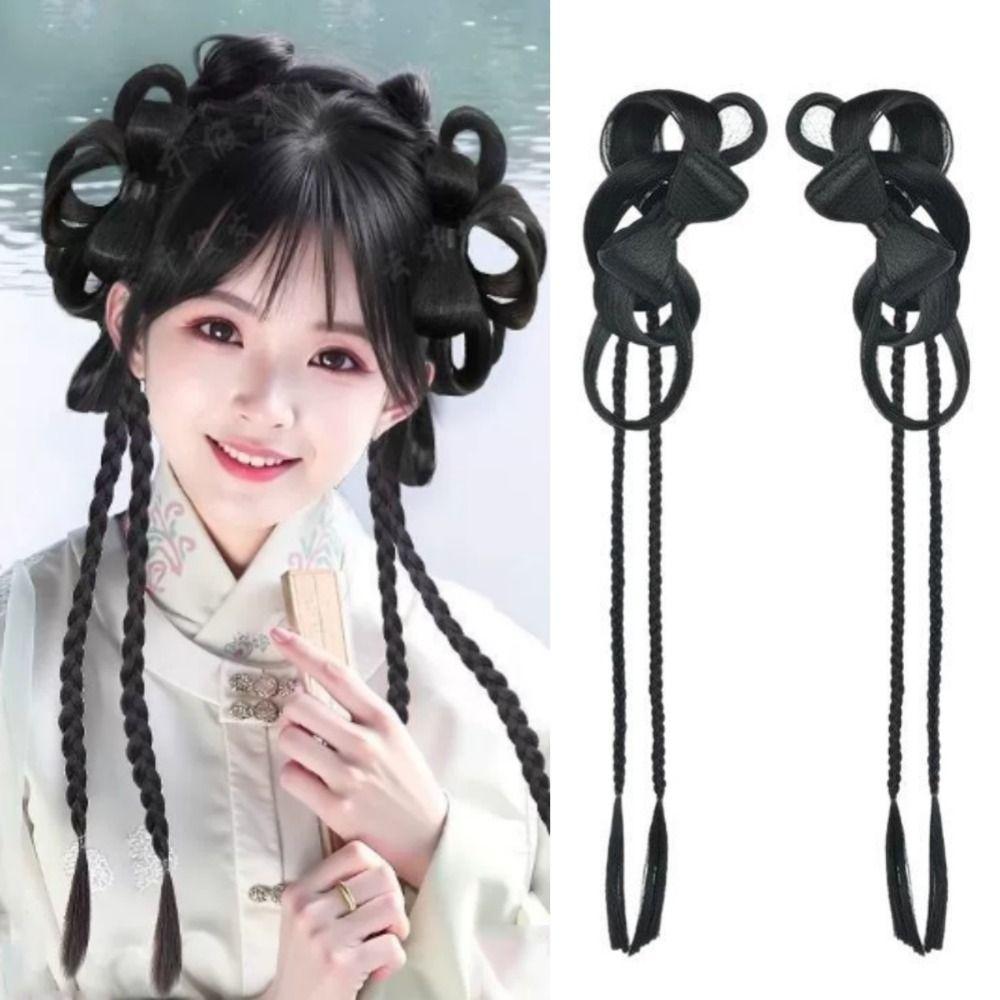 Double Ponytail Bow Bun Head Wig Chinese Hanfu Pony Tail Hairpiece  Princess Cosplay