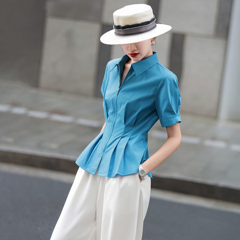 Lansere Women's Commuter Pleated A-Line Short Sleeve Lapel Shirt