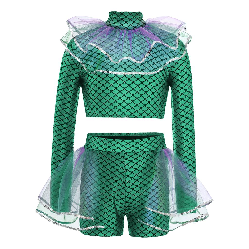 Ensemble Short et Crop Top Mailles Sequins Imprimé Écailles de Poisson Manches Longues Costume Cosplay Sirène pour Filles