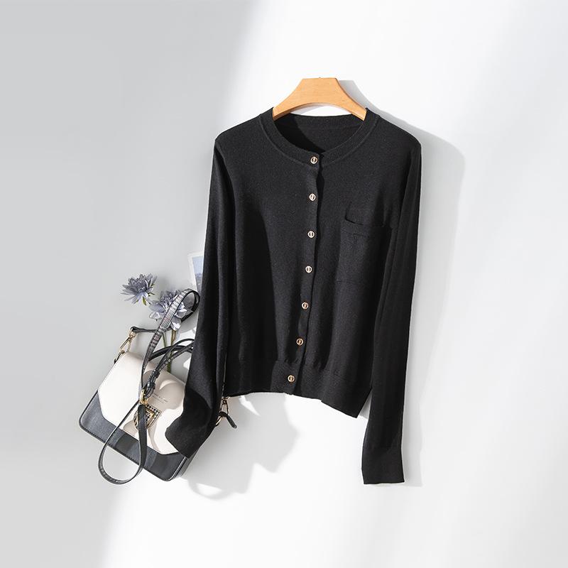 Ultra-fine merino cotton wool blended knitted cardigan women's round neck basic long-sleeved versatile loose and thin top
