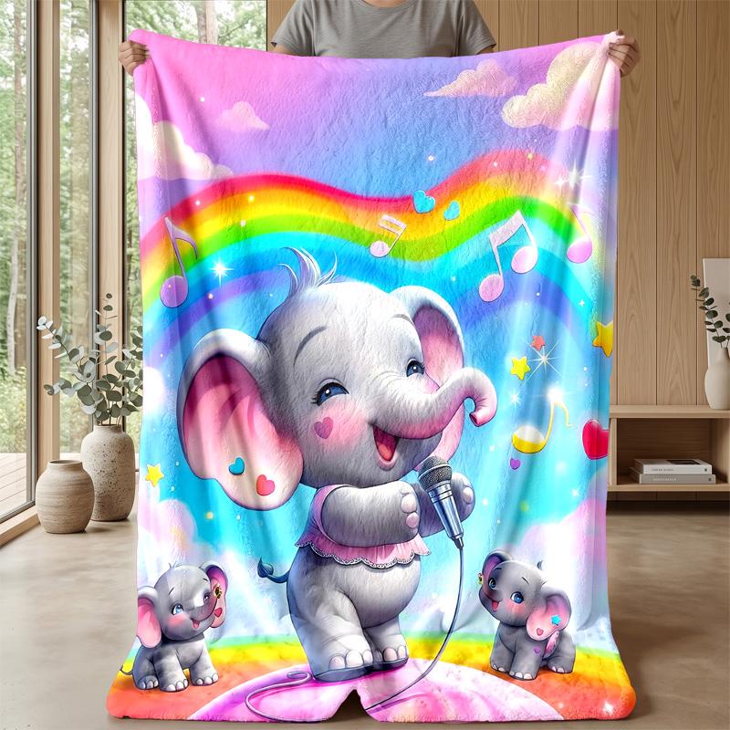 Elephant Singing Under Rainbow Theme Blanket Lightweight Warm Flannel Blanket Decorative Throw Blanket for Home Decoration