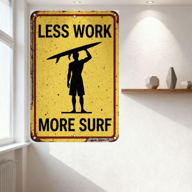 Vintage Surf Metal Tin Sign, Less Work More Surf Motivational Plaque with Rusty Wear, Black Silhouette Design, Yellow Background