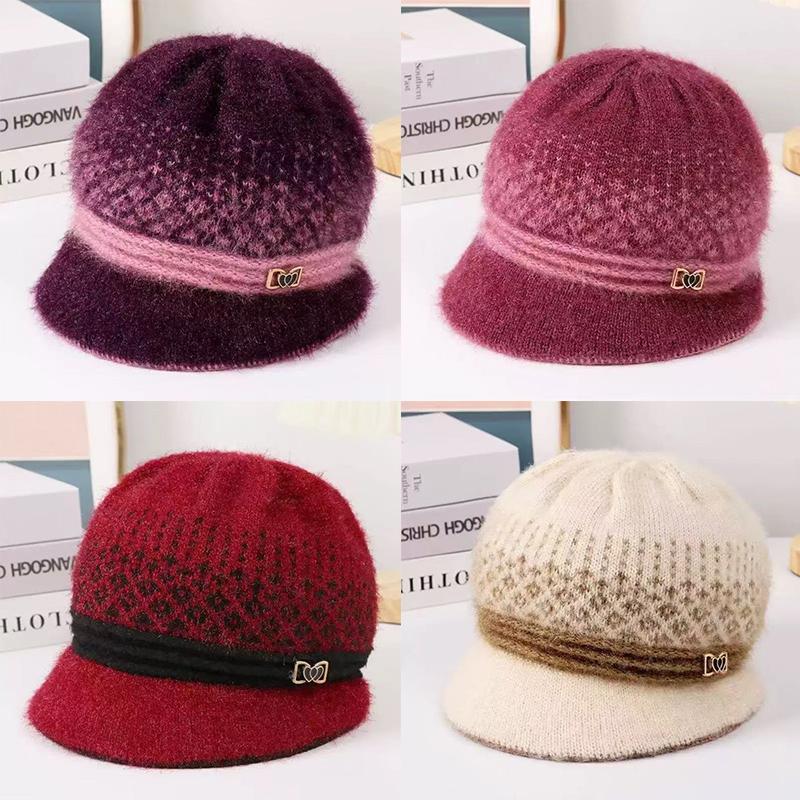 Fashion Outdoor Thickened Fleece Knitted Hat Winter Rabbit Fur Baseball Cap Warm Bow Basin Cap For Middle-Aged And Elderly