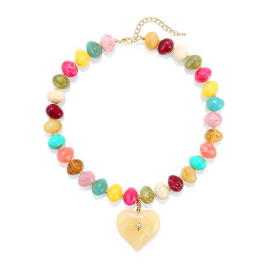 Chunky Beaded Choker, Colorful Acrylic Beads Necklace, Heart Pendant Choker for Women Summer Beach Vacation Jewelry