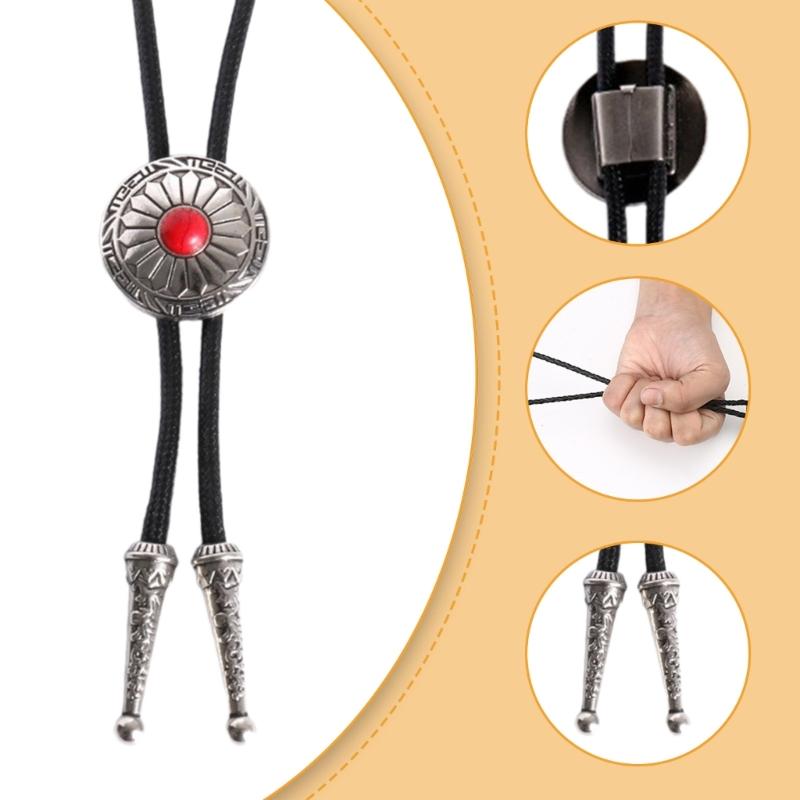 Vintage Bolo Tie Necktie Artificial Leather Braided Rope Necklace with Metal Sunflower Stone Pendant Jewelry Neckwear
