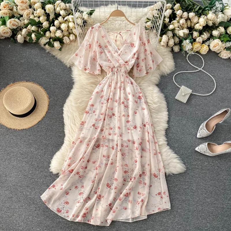 Ladies Beach Vacation Dress Summer Sexy V-Neck Waist Long Chiffon Floral Beach Dresses One Size
