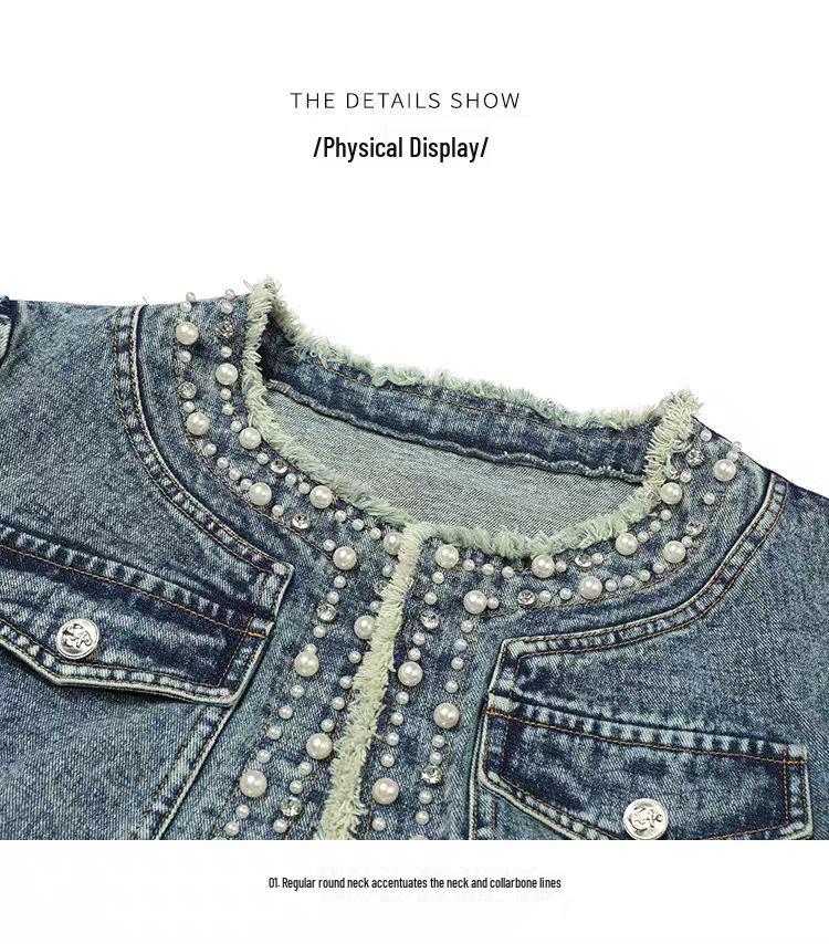 Giacca di Jeans con Perline Versatile di Alta Qualità Resistente