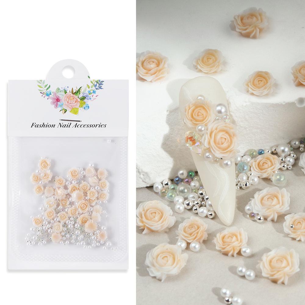 3 Packs 30 Gradient Carved Rose Nail Accessories, Dragon Sand, Gemstones, Rose Flowers with Steel Beads and Pearls, Nail Accessories