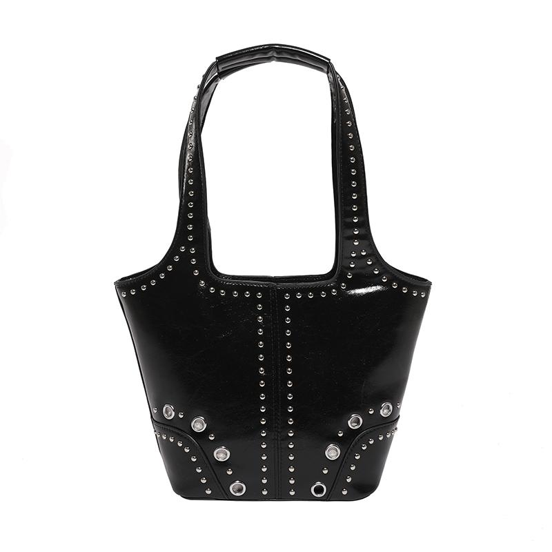 

2025 Autumn & Winter New Glossy PU Bucket Large Capacity Shoulder Bags Solid Zipper Super Cool Exquisite Rivets Women s Handbags чёрный