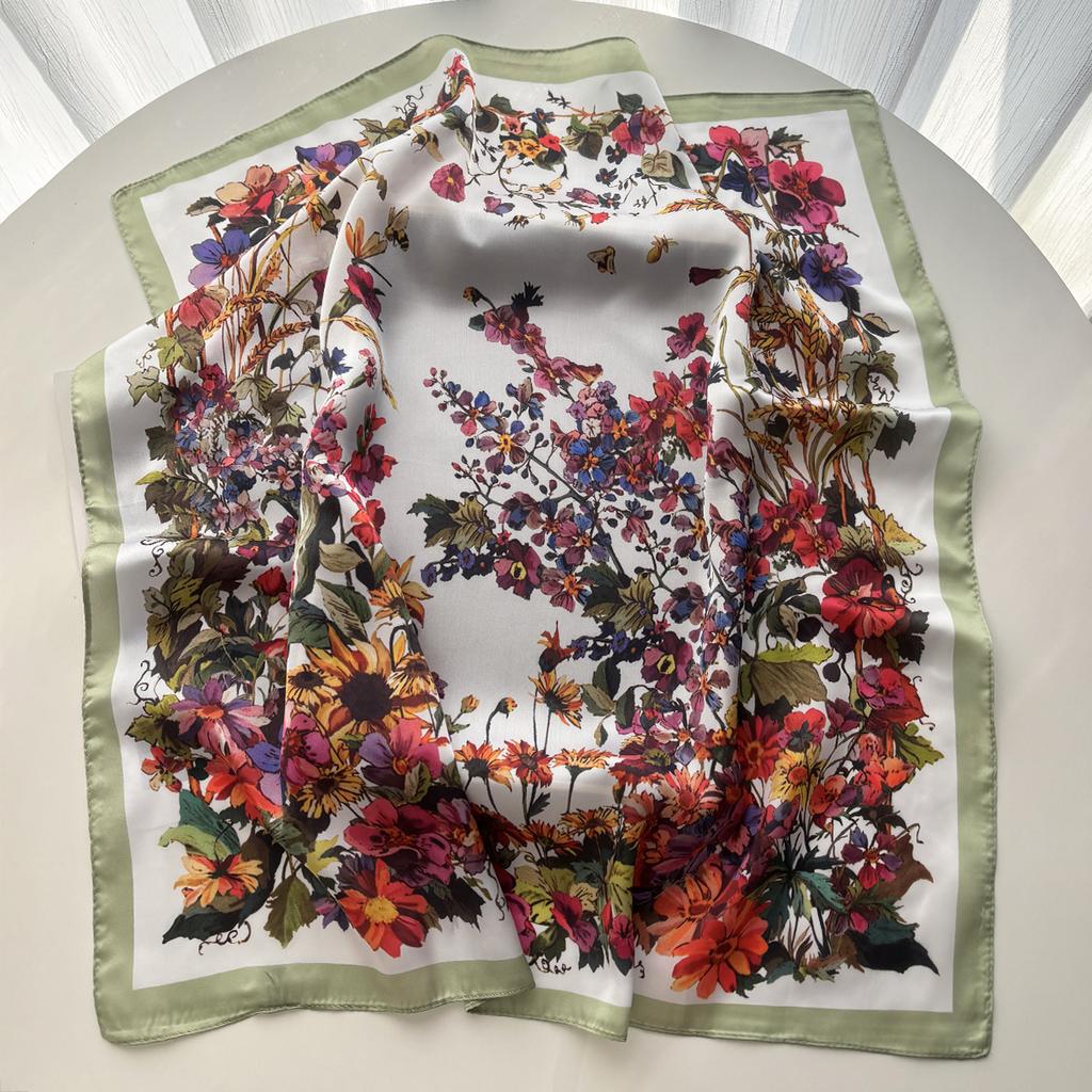 Luxury Square Scarf For Women Elegant Ladies Hijab Fashion Floral Neckerchief Shawl For Travel Soft Stain Imitation Silk Scarves
