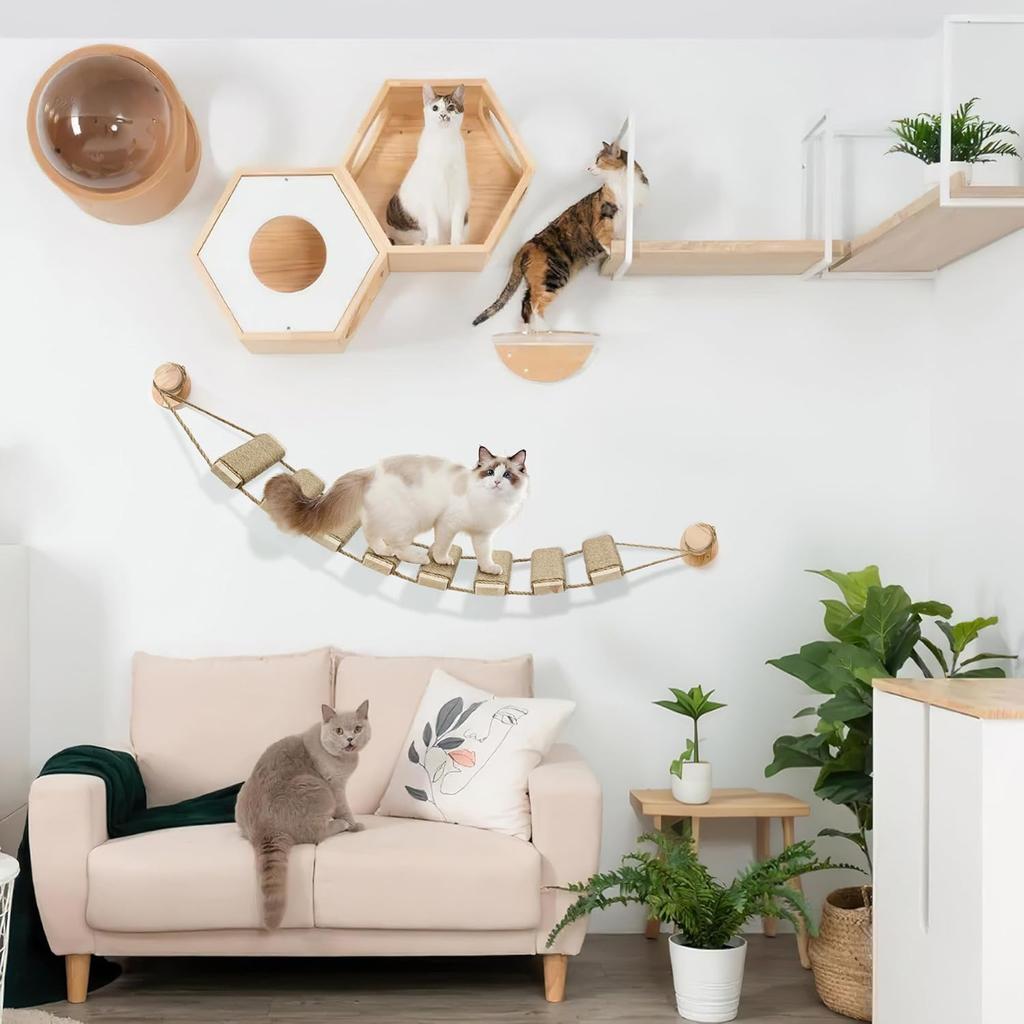 Wall Mounted Cat Tree Sisal Scratching Post Wooden Cat Climbing Shelves  Pedal Hammock Indoor Kitten Playground Cats Accessories