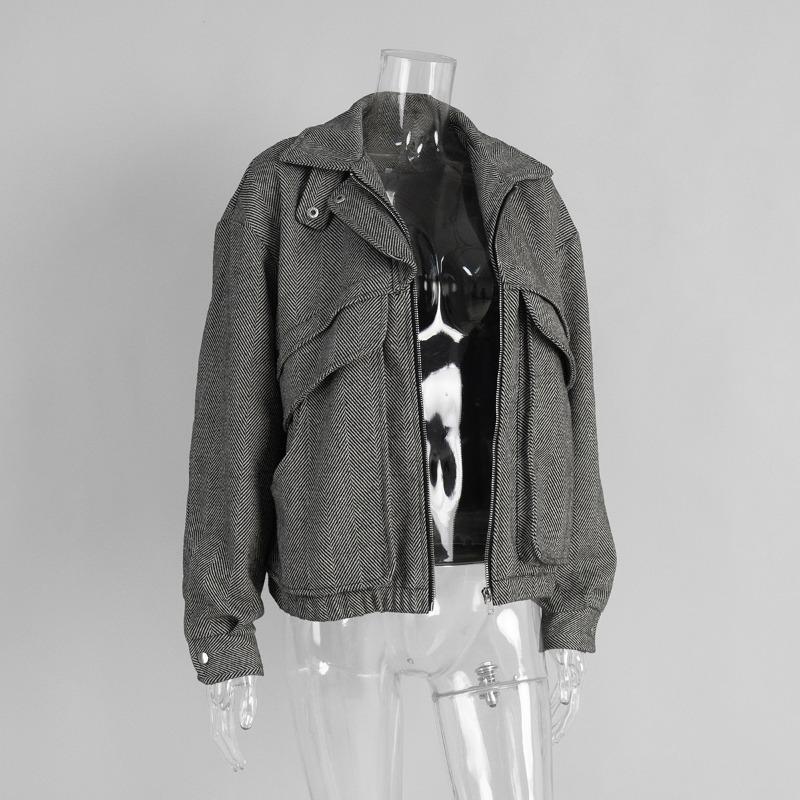 Women Loose Stand Collar Zipper Pocket Herringbone Long Sleeve Jacket Coat