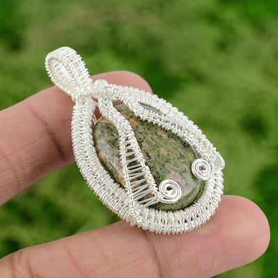 Daughters Day Deal Sterling Silver Oval Unakite Gemstone Wire Wrapping Pendant