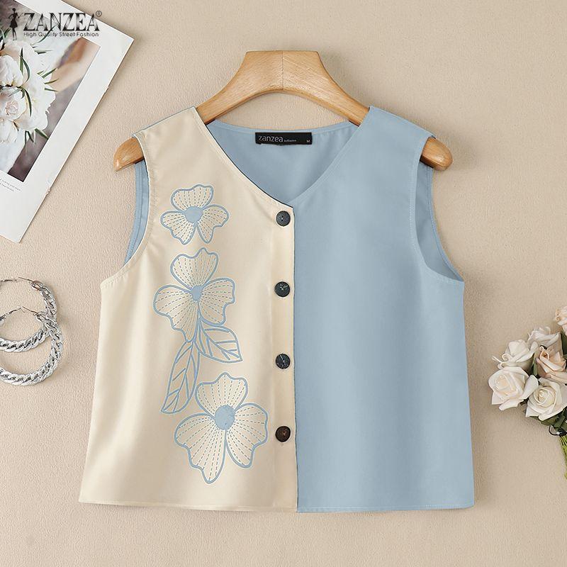 ZANZEA Women Casual V-Neck Sleeveless Print Tank Tops