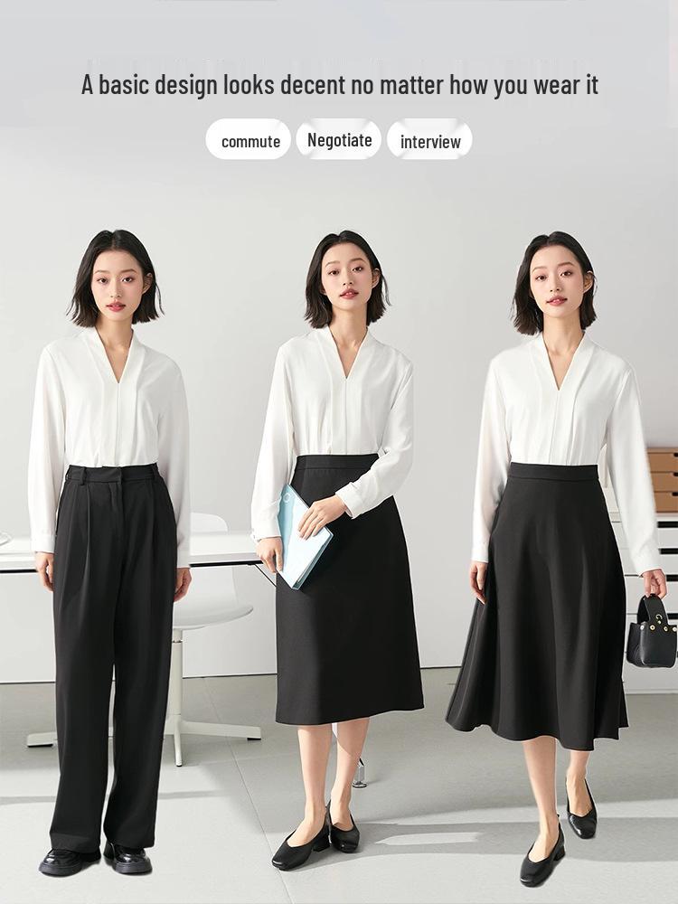 Women's White Chiffon V-Neck Professional Shirt – Elegant Formal Wear for Interviews and Office Settings