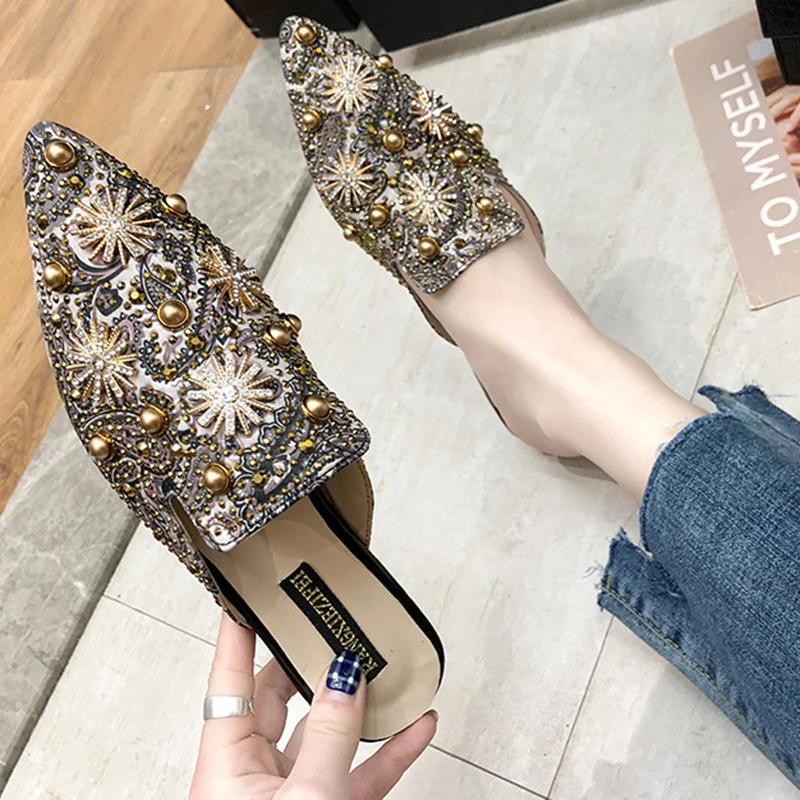 Luxury Women Mules Ladies Summer Chinese Slippers Women Shoes 2025 New Low Heels Flat Casual Shoes Woman Flip Flops