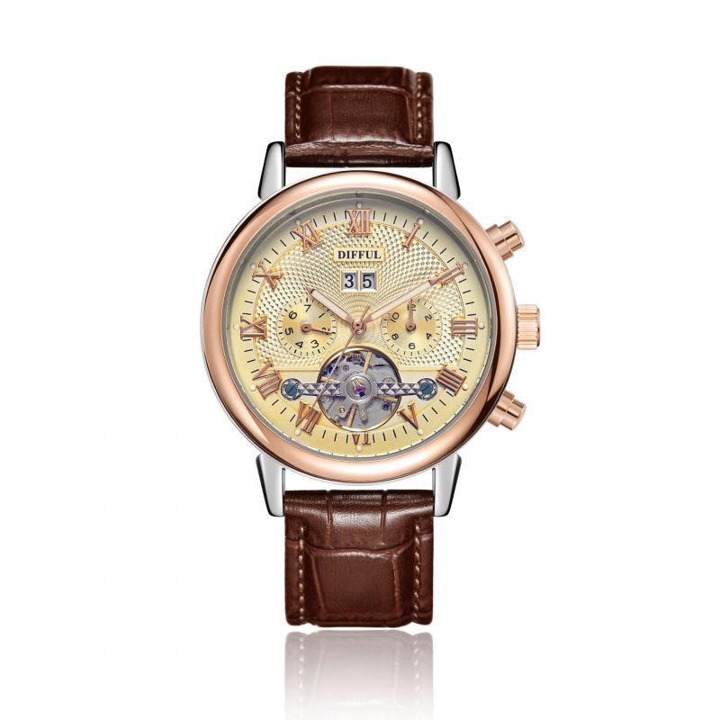 Herren Vollautomatische Multifunktionsuhr mit Lederarmband und Kalender