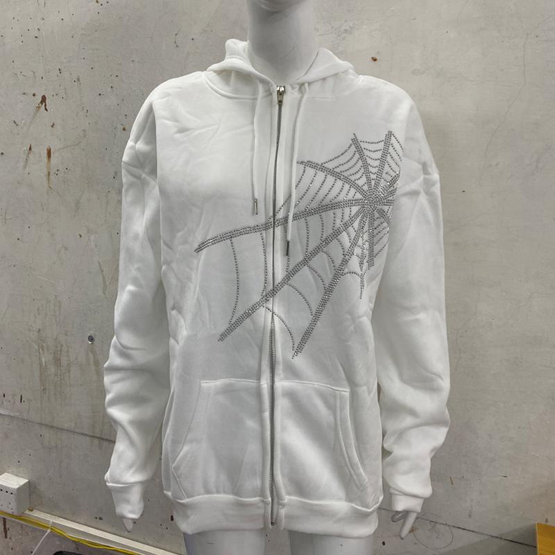 Gothic Punk Spider Web Hooded Women Fairy Grunge Dark Academia Jacket Coat Harajuku Outwear Zipper Sweatshirts Emo Alt Clothing
